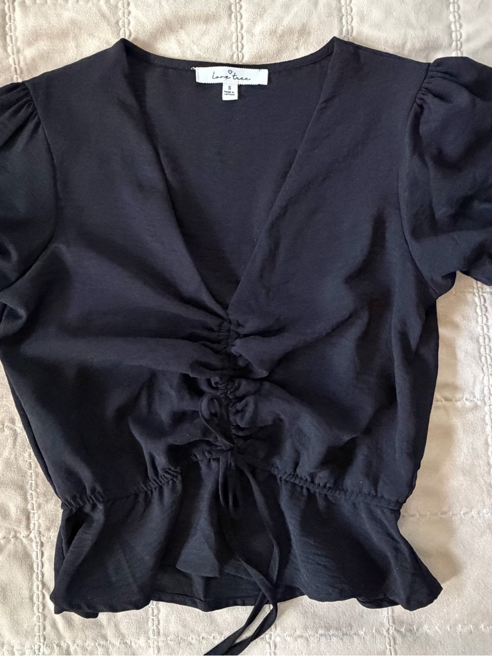 Love Tree Black Ruched V-Neck Drawstring Top